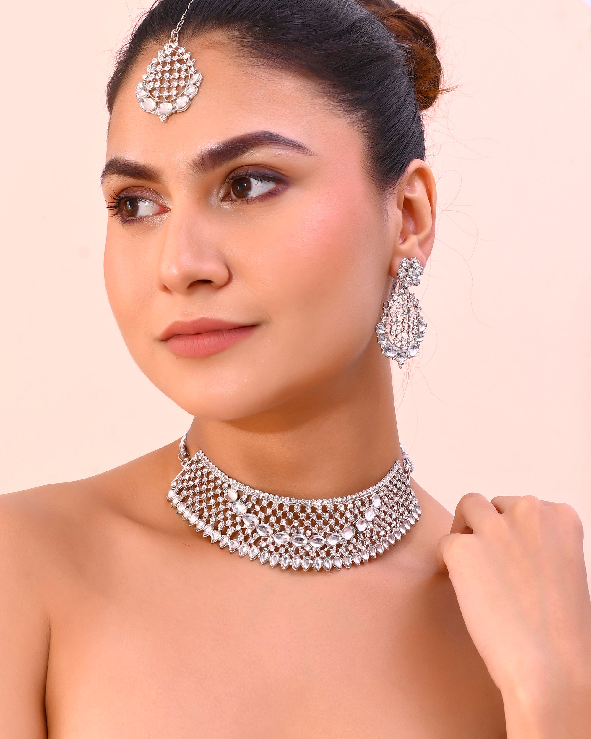 VOJ Silver Plated CZ-Stone Studded Choker Set With Mangtikka - Distacart