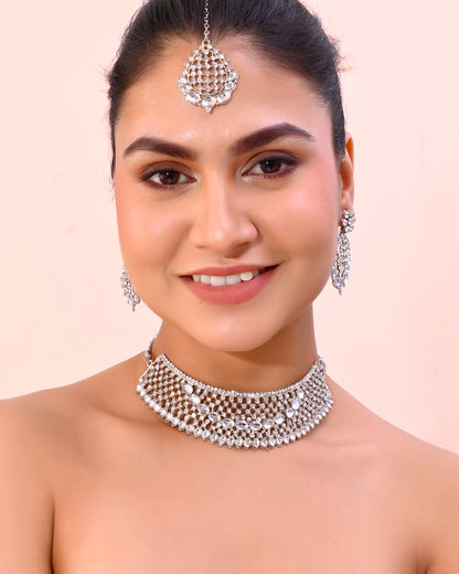 VOJ Silver Plated CZ-Stone Studded Choker Set With Mangtikka - Distacart