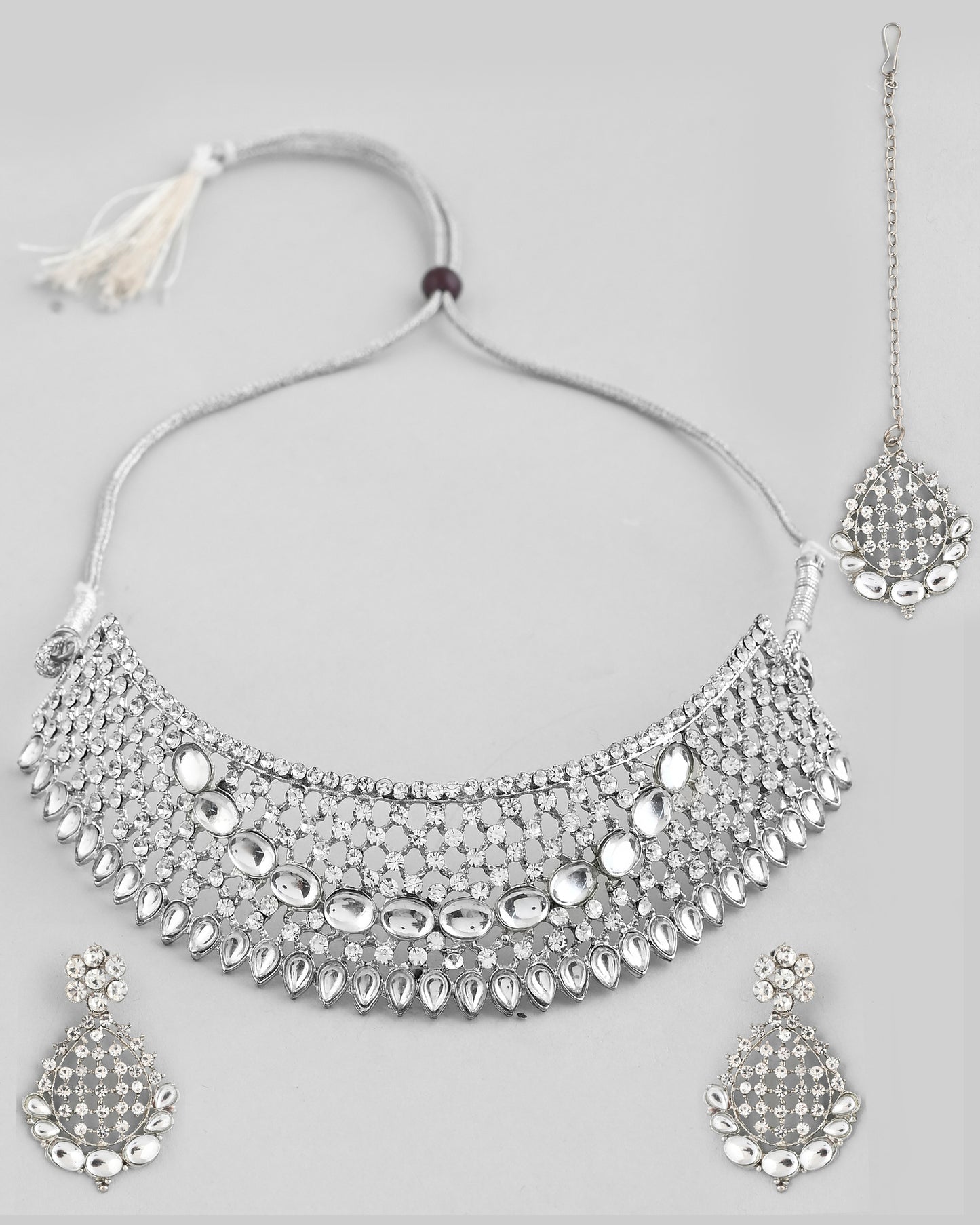 VOJ Silver Plated CZ-Stone Studded Choker Set With Mangtikka - Distacart