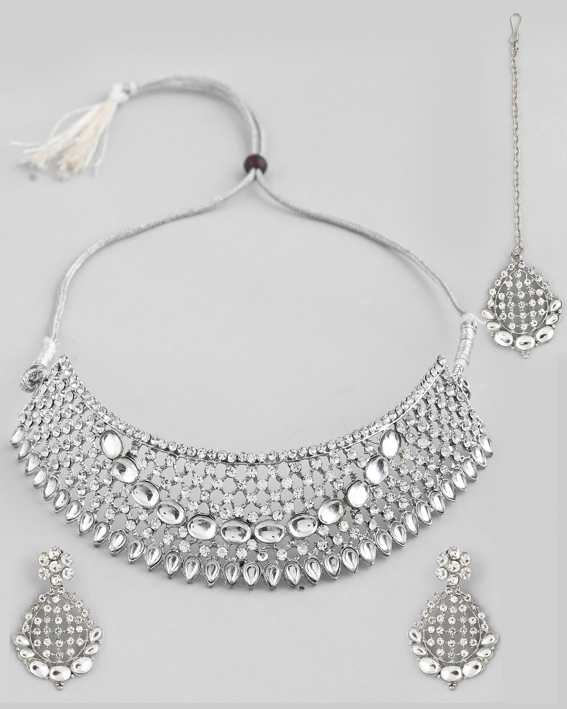 VOJ Silver Plated CZ-Stone Studded Choker Set With Mangtikka - Distacart