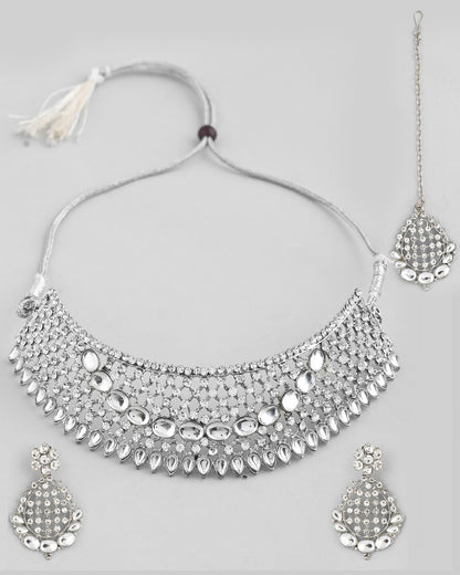 VOJ Silver Plated CZ-Stone Studded Choker Set With Mangtikka - Distacart