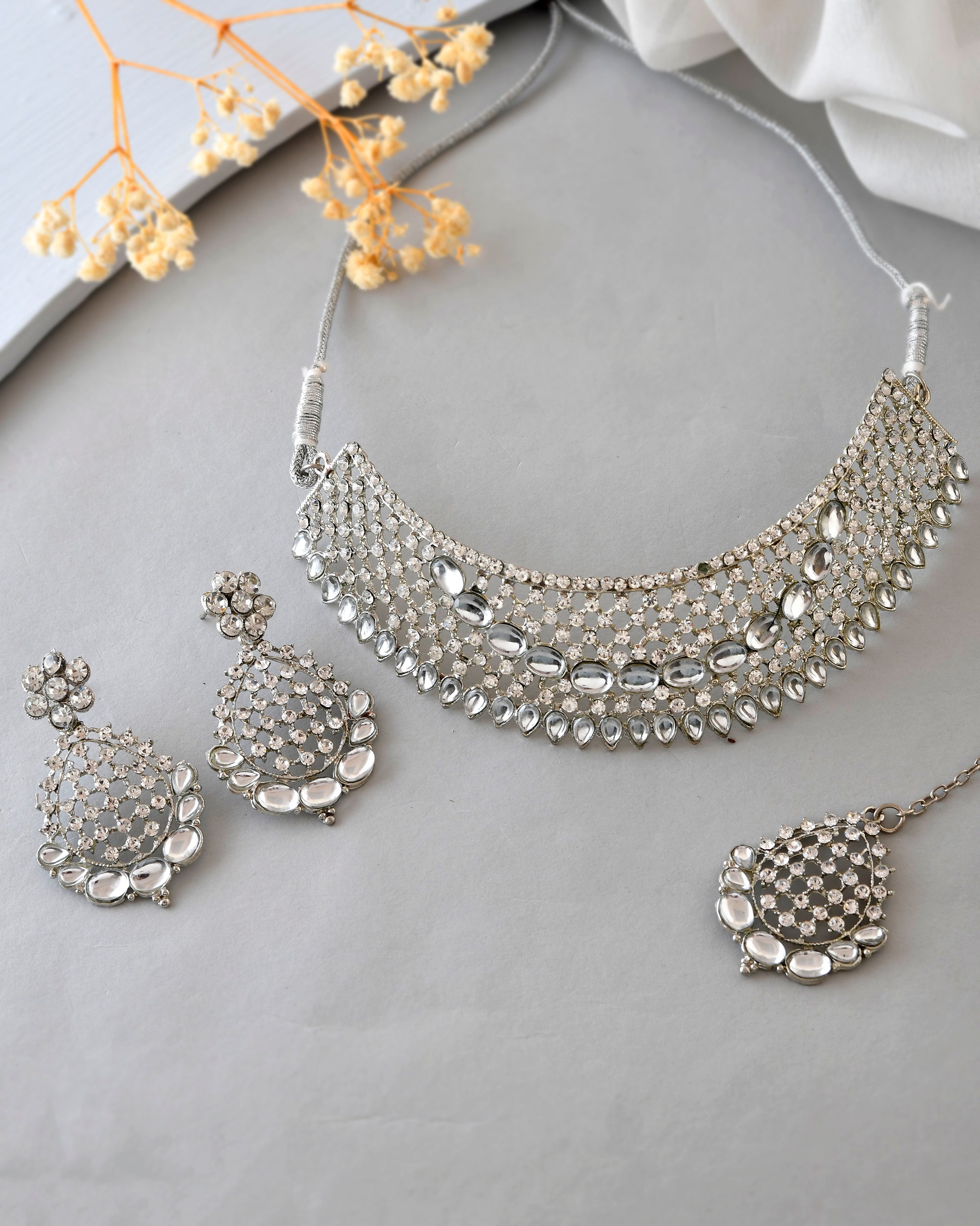 VOJ Silver Plated CZ-Stone Studded Choker Set With Mangtikka - Distacart