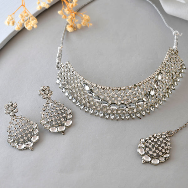 VOJ Silver Plated CZ-Stone Studded Choker Set With Mangtikka - Distacart