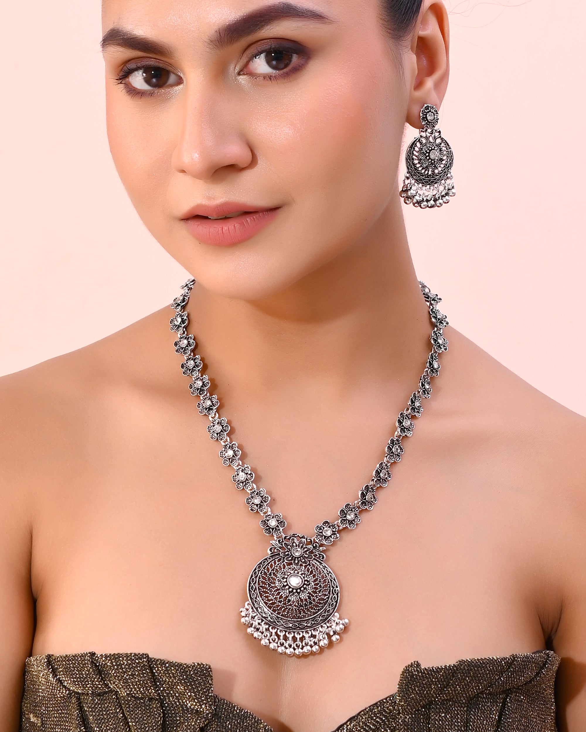 VOJ Silver Plated Floral Oxidized Long Necklace & Earrings - Distacart