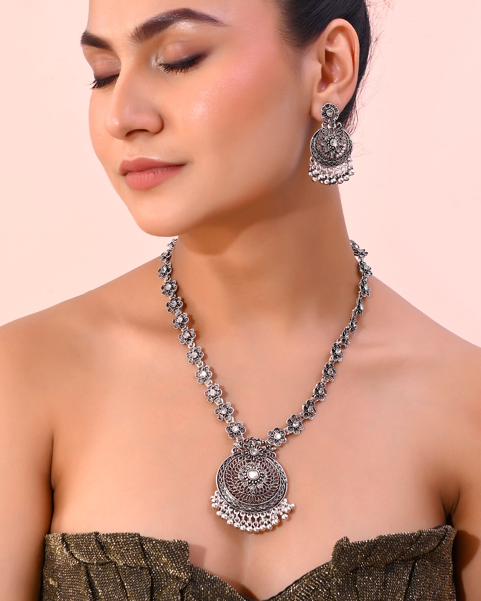 VOJ Silver Plated Floral Oxidized Long Necklace & Earrings - Distacart