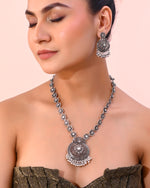 Thumbnail for VOJ Silver Plated Floral Oxidized Long Necklace & Earrings - Distacart