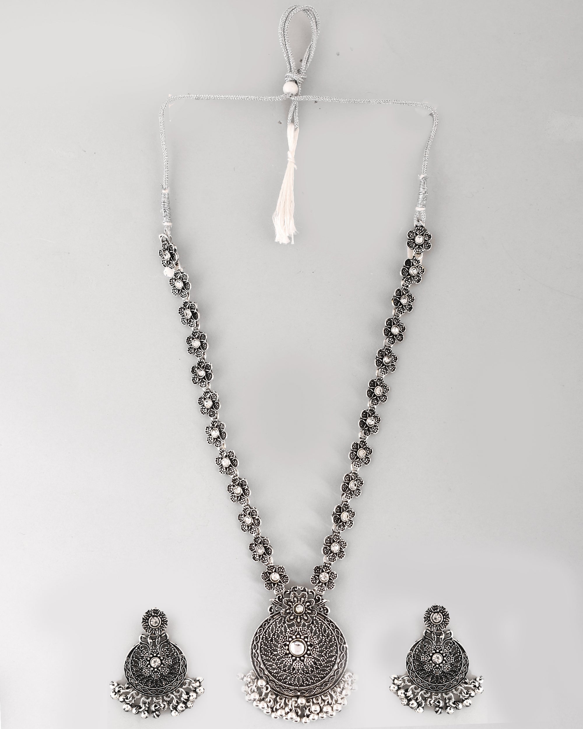 VOJ Silver Plated Floral Oxidized Long Necklace & Earrings - Distacart