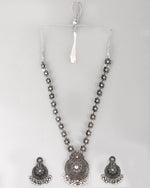 Thumbnail for VOJ Silver Plated Floral Oxidized Long Necklace & Earrings - Distacart