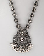 Thumbnail for VOJ Silver Plated Floral Oxidized Long Necklace & Earrings - Distacart