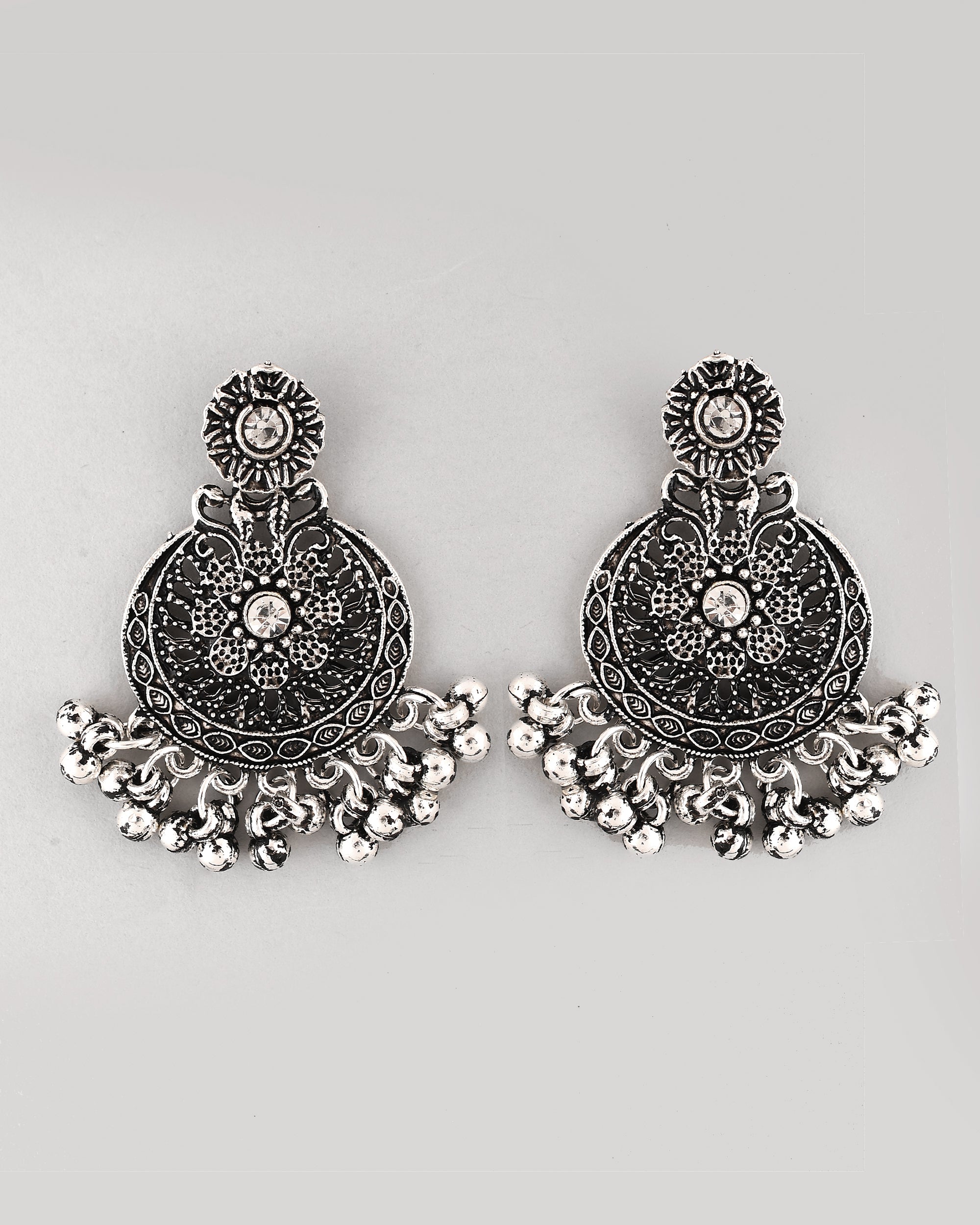 VOJ Silver Plated Floral Oxidized Long Necklace & Earrings - Distacart