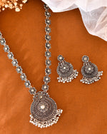 Thumbnail for VOJ Silver Plated Floral Oxidized Long Necklace & Earrings - Distacart