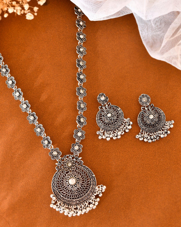 VOJ Silver Plated Floral Oxidized Long Necklace & Earrings - Distacart