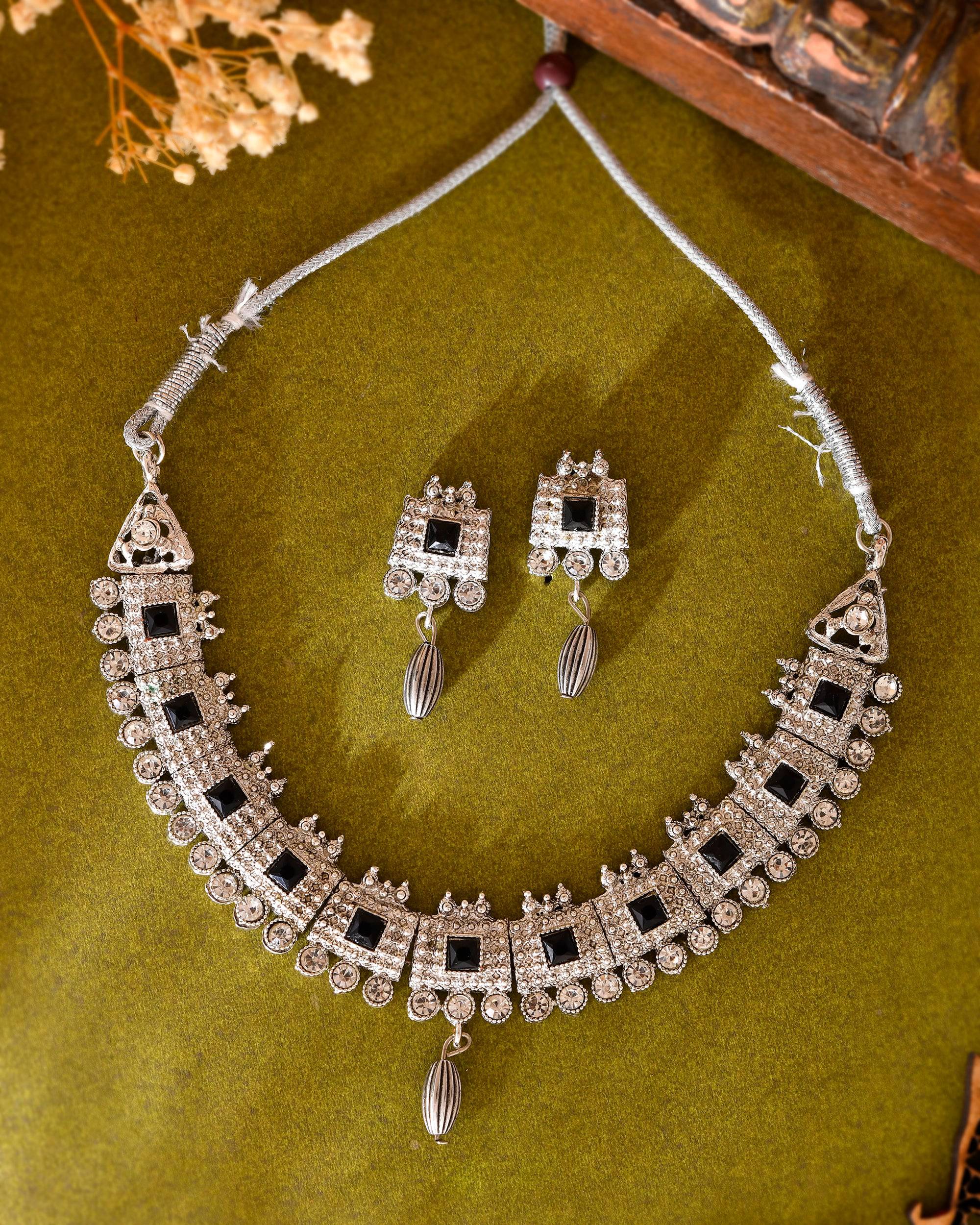 VOJ Silver Plated Black Stone Studded Oxidized Jewellery Set - Distacart