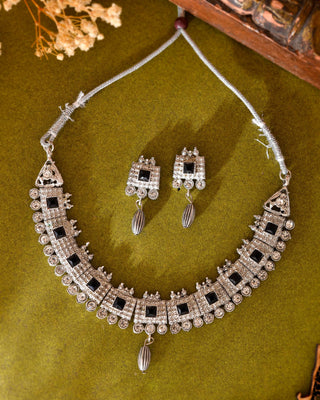 VOJ Silver Plated Black Stone Studded Oxidized Jewellery Set - Distacart