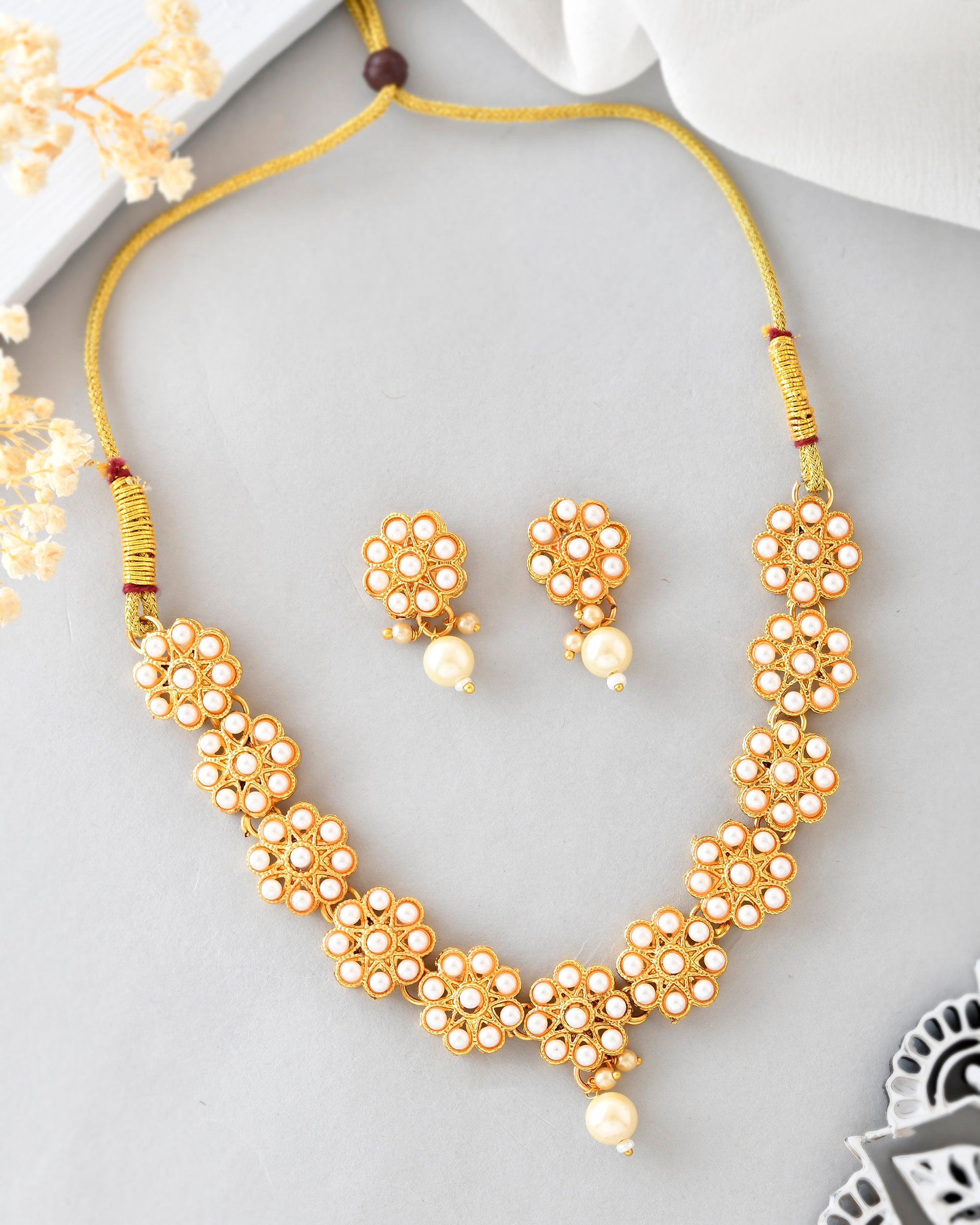 VOJ Gold-Polished Pearl Studded Floral Necklace And Earrings - Distacart
