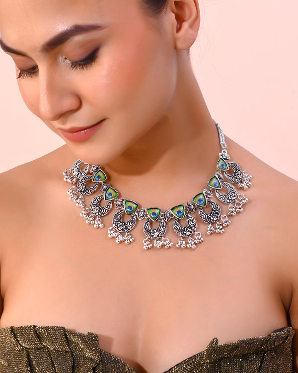 VOJ Silver Plated Peacock Contemporary Choker And Earrings - Distacart