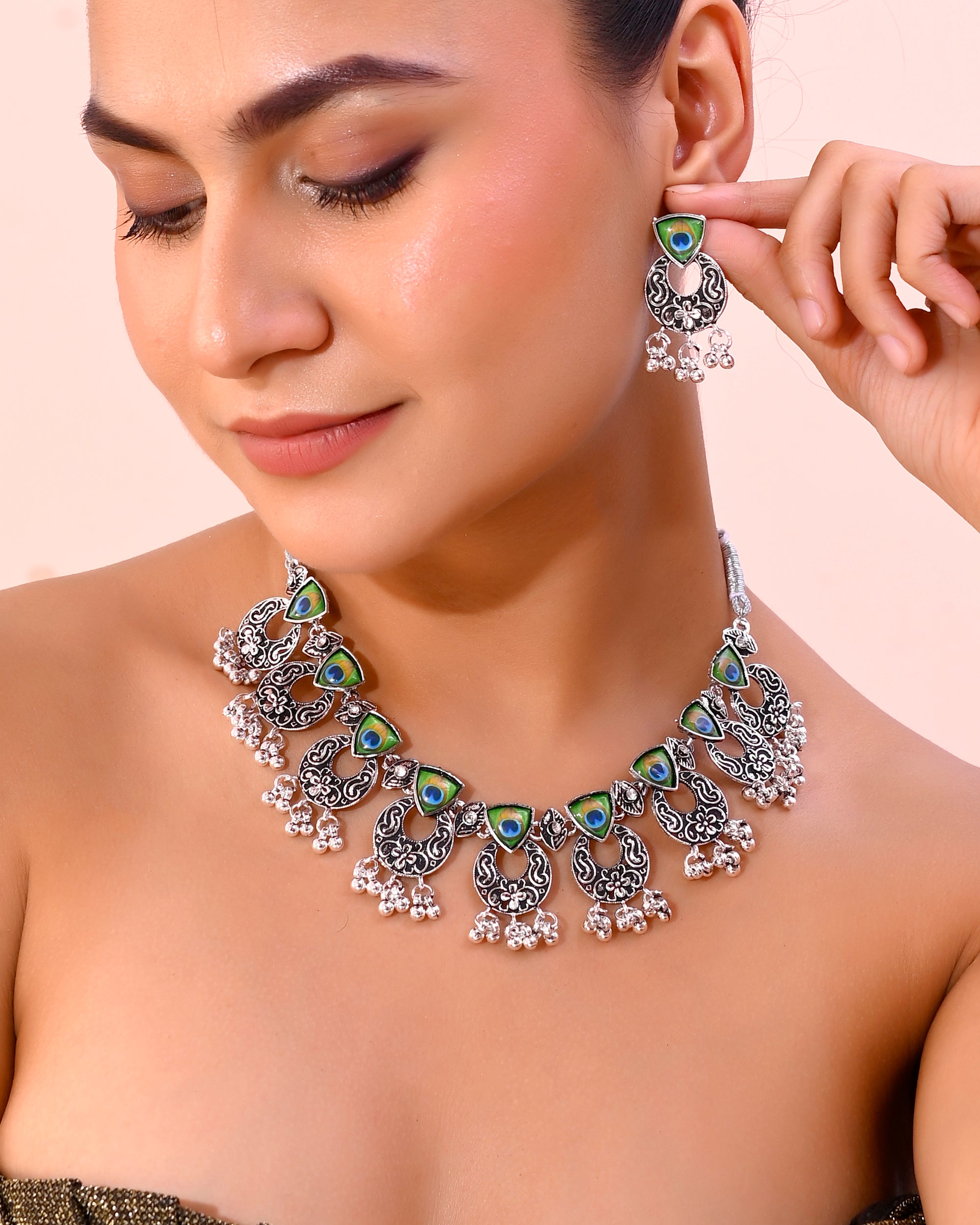 VOJ Silver Plated Peacock Contemporary Choker And Earrings - Distacart