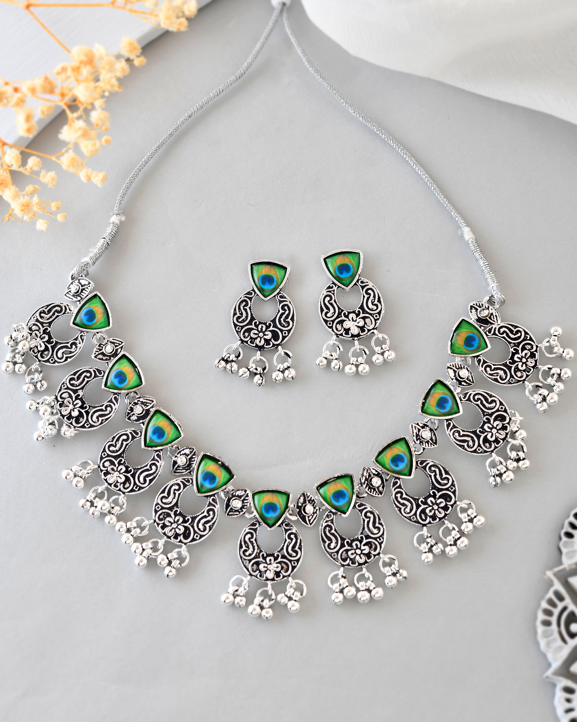 VOJ Silver Plated Peacock Contemporary Choker And Earrings - Distacart