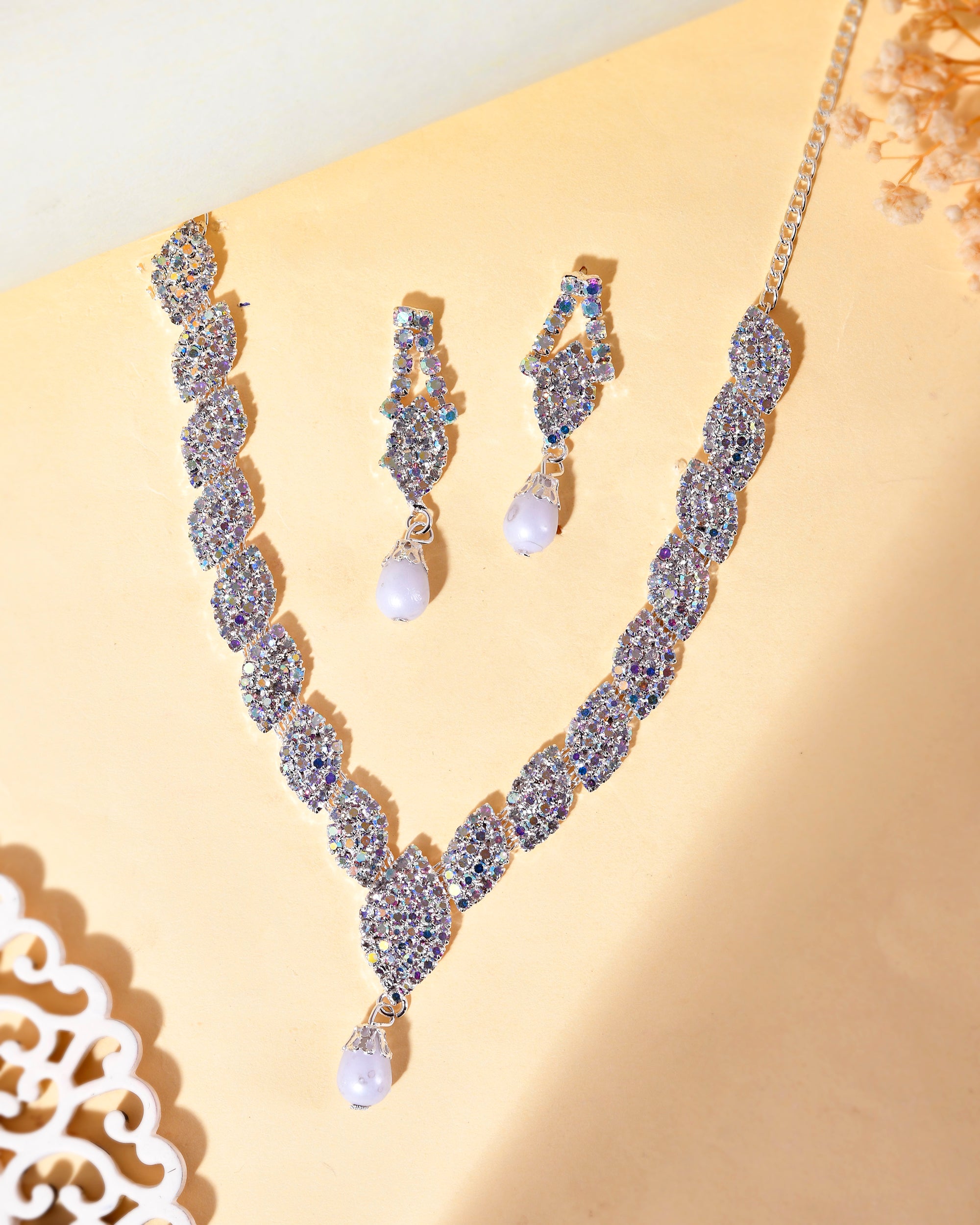 VOJ Silver Plated CZ-Stone Studded With Pearl Jewellery Set - Distacart