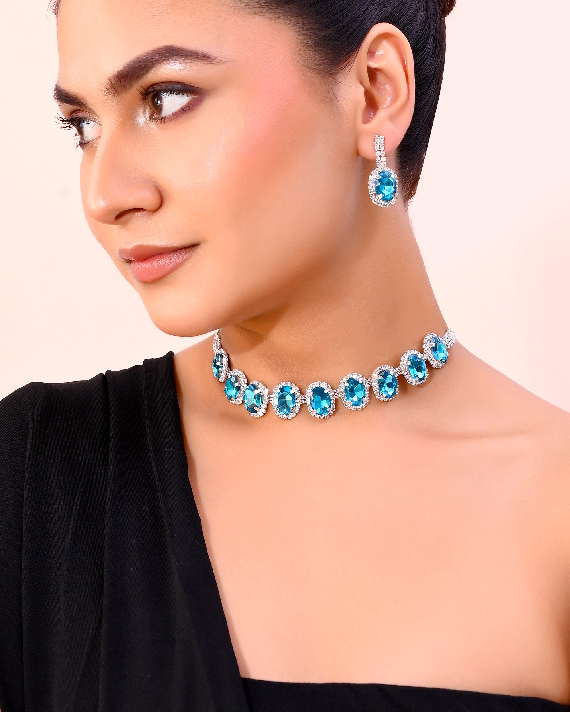 VOJ Silver Plated AD-Stone Studded With Blue Stone Choker Set - Distacart