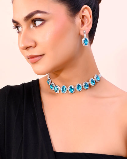 VOJ Silver Plated AD-Stone Studded With Blue Stone Choker Set - Distacart