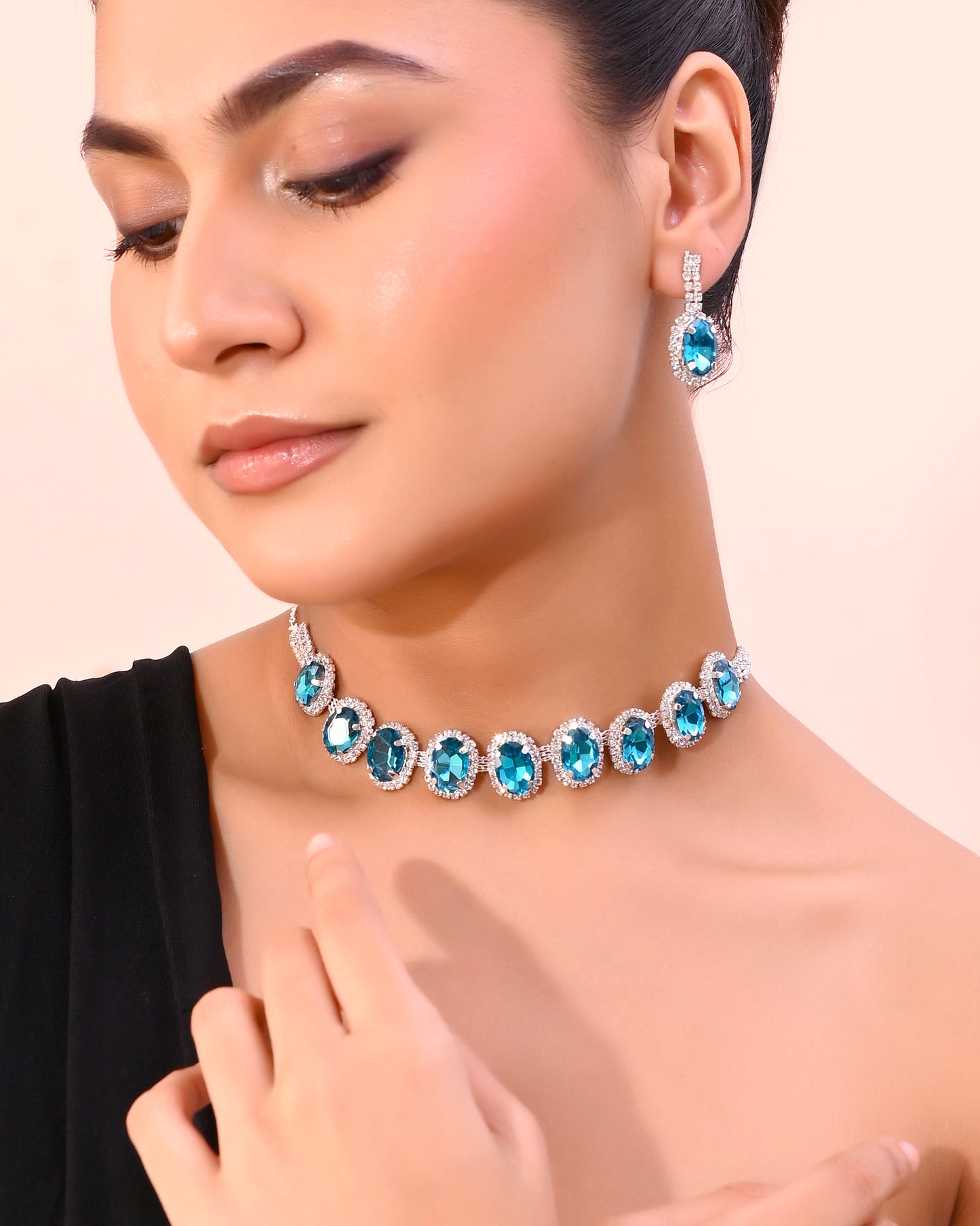 VOJ Silver Plated AD-Stone Studded With Blue Stone Choker Set - Distacart