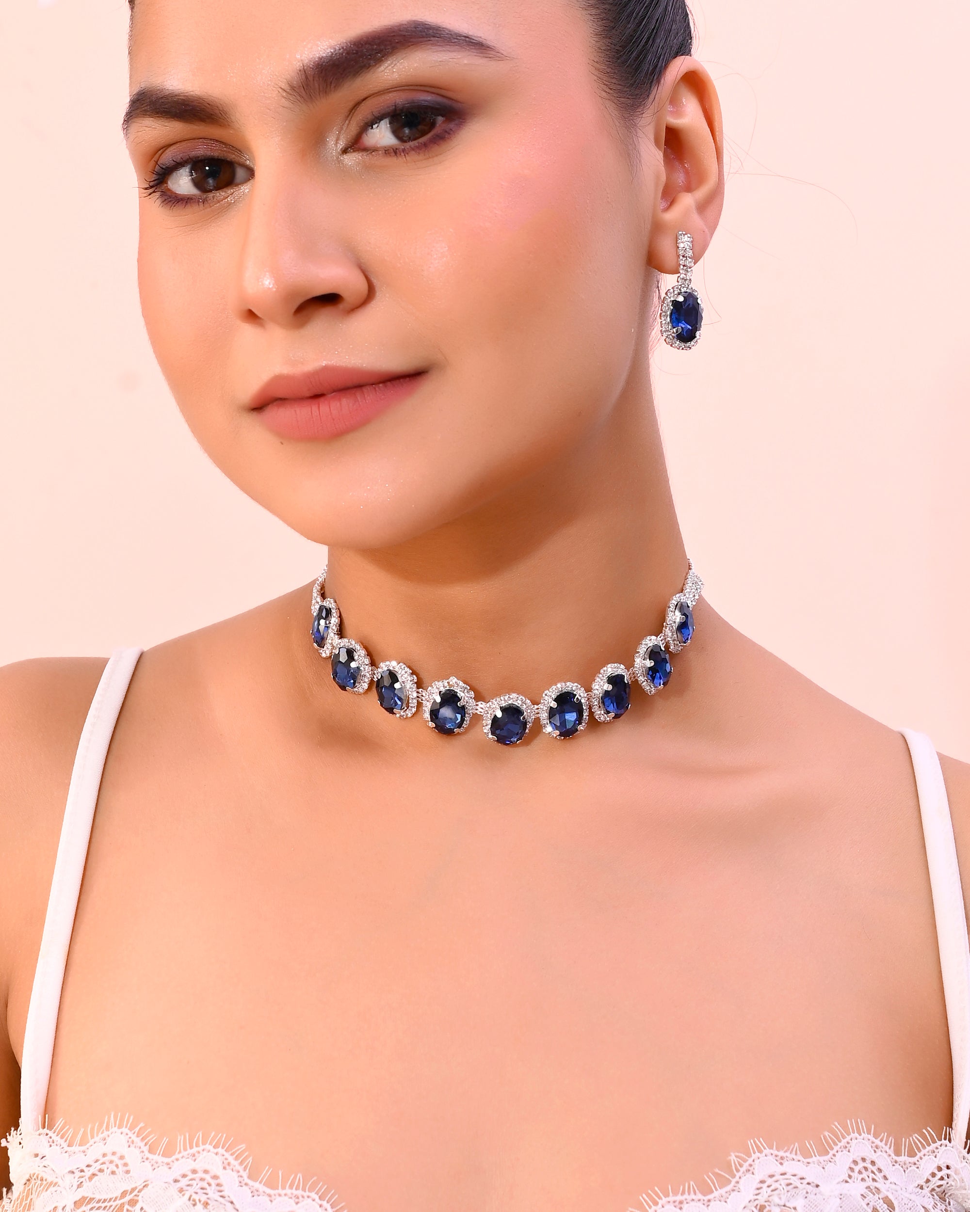 VOJ Silver Plated AD-Stone Studded With Dark Blue Stone Choker Set - Distacart