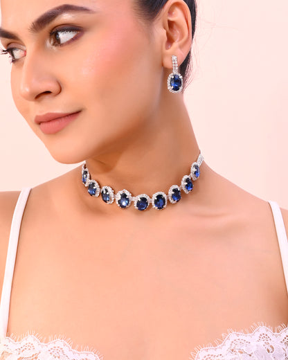 VOJ Silver Plated AD-Stone Studded With Dark Blue Stone Choker Set - Distacart