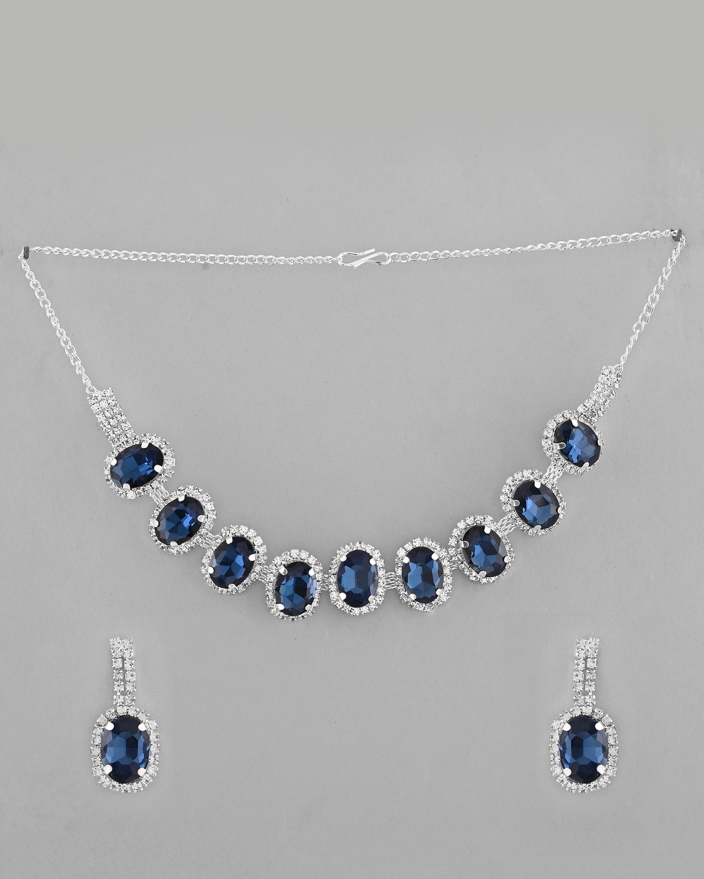 VOJ Silver Plated AD-Stone Studded With Dark Blue Stone Choker Set - Distacart