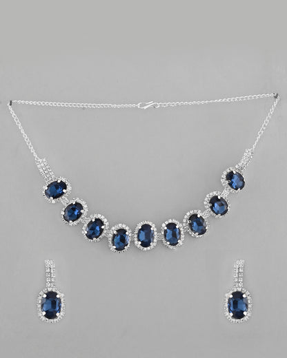VOJ Silver Plated AD-Stone Studded With Dark Blue Stone Choker Set - Distacart