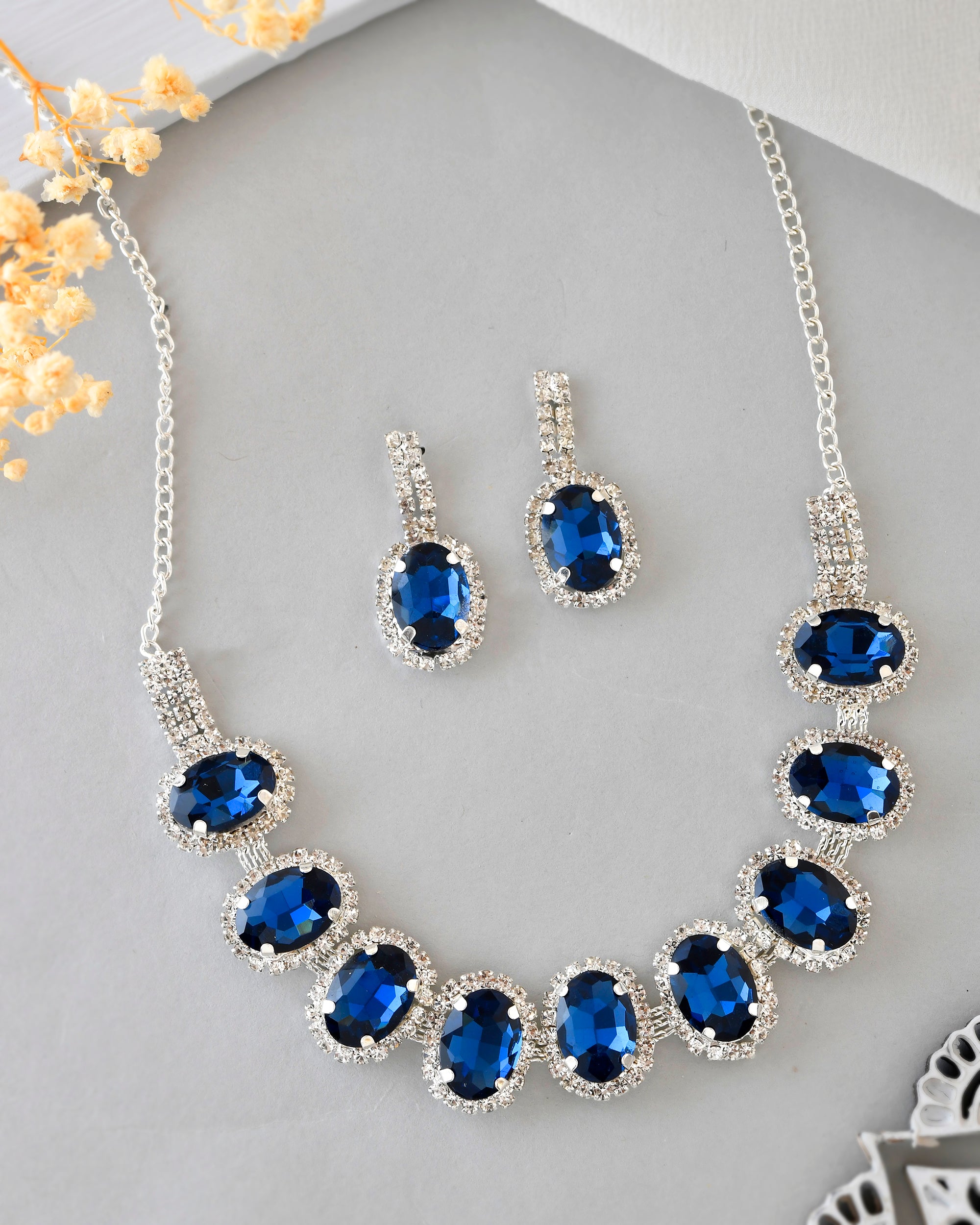 VOJ Silver Plated AD-Stone Studded With Dark Blue Stone Choker Set - Distacart