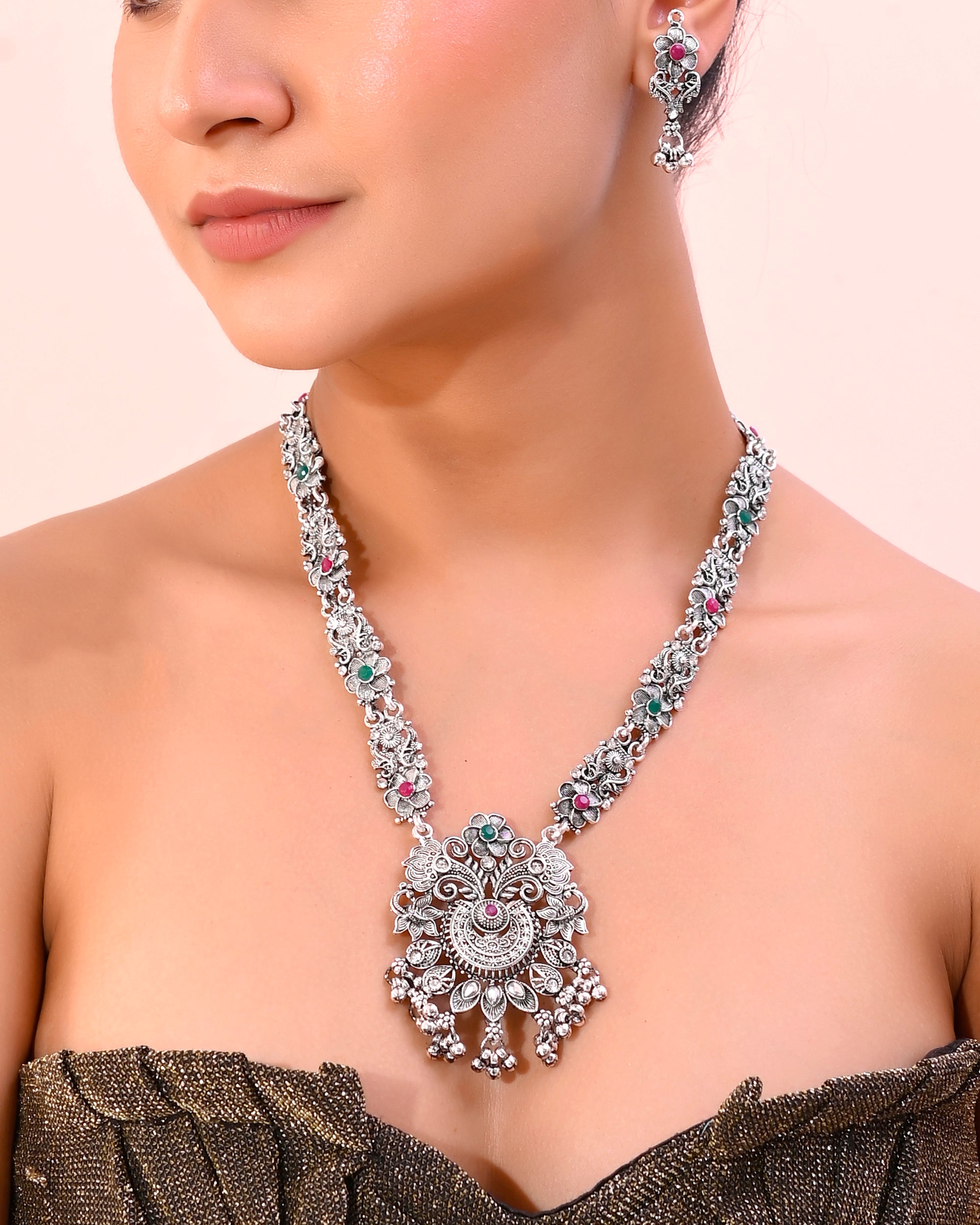 VOJ Silver Plated Stone Studded Oxidized Long Necklace And Earrings - Distacart