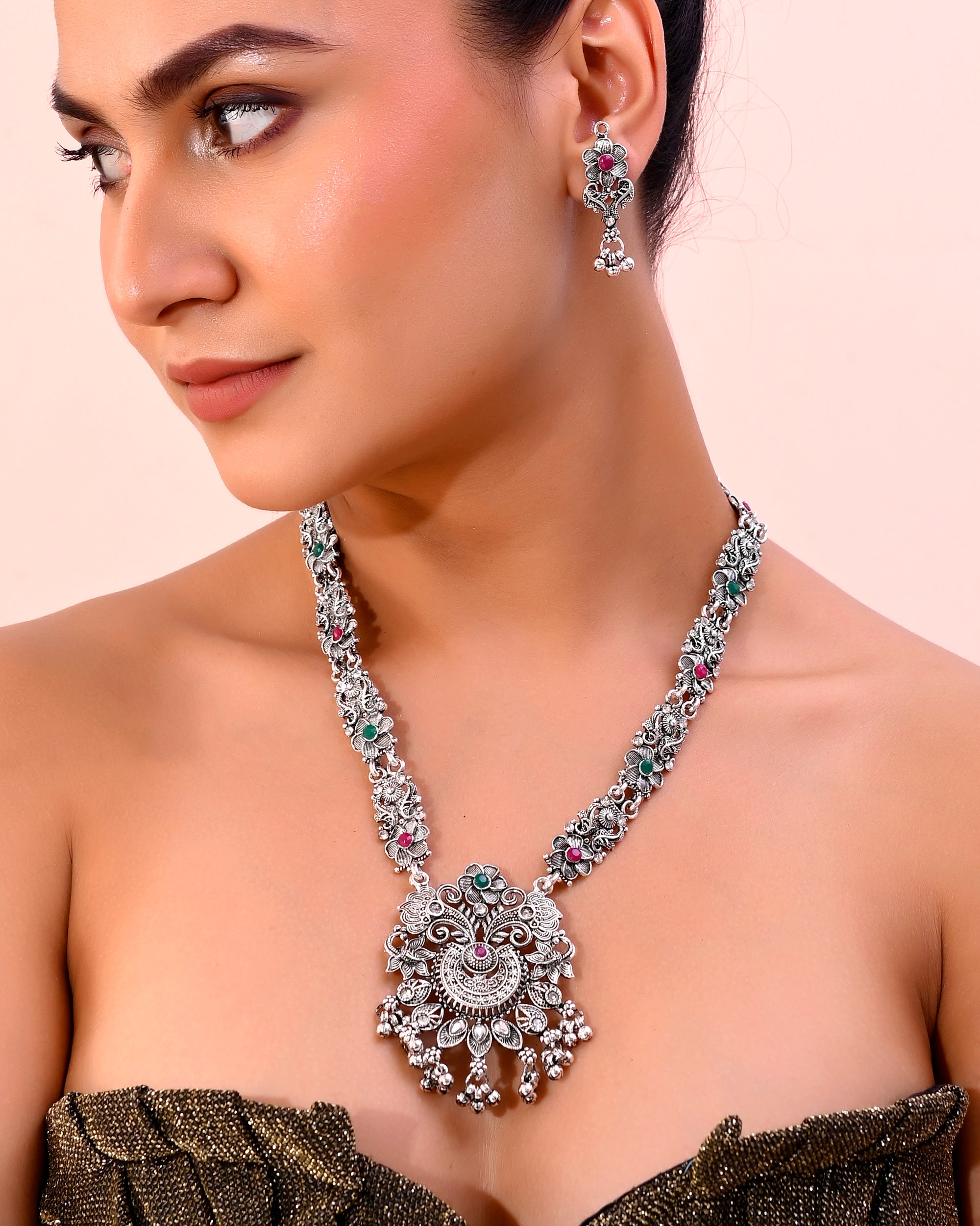 VOJ Silver Plated Stone Studded Oxidized Long Necklace And Earrings - Distacart