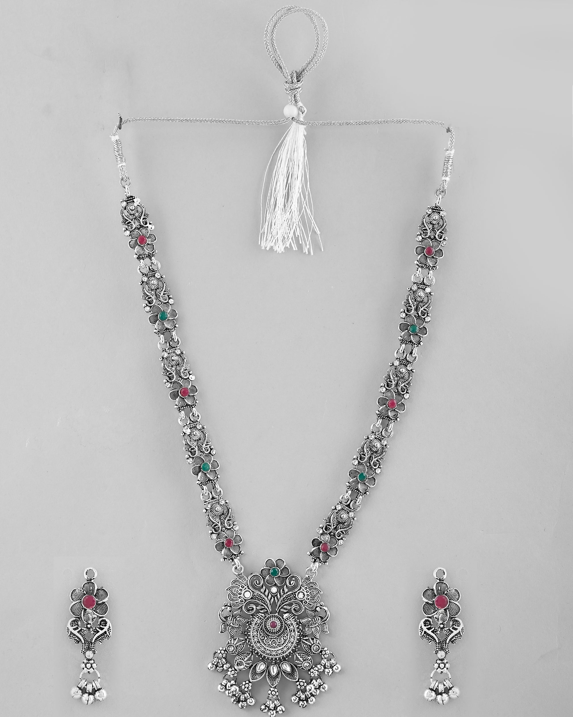 VOJ Silver Plated Stone Studded Oxidized Long Necklace And Earrings - Distacart