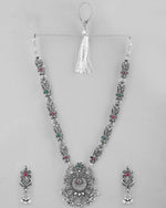 Thumbnail for VOJ Silver Plated Stone Studded Oxidized Long Necklace And Earrings - Distacart