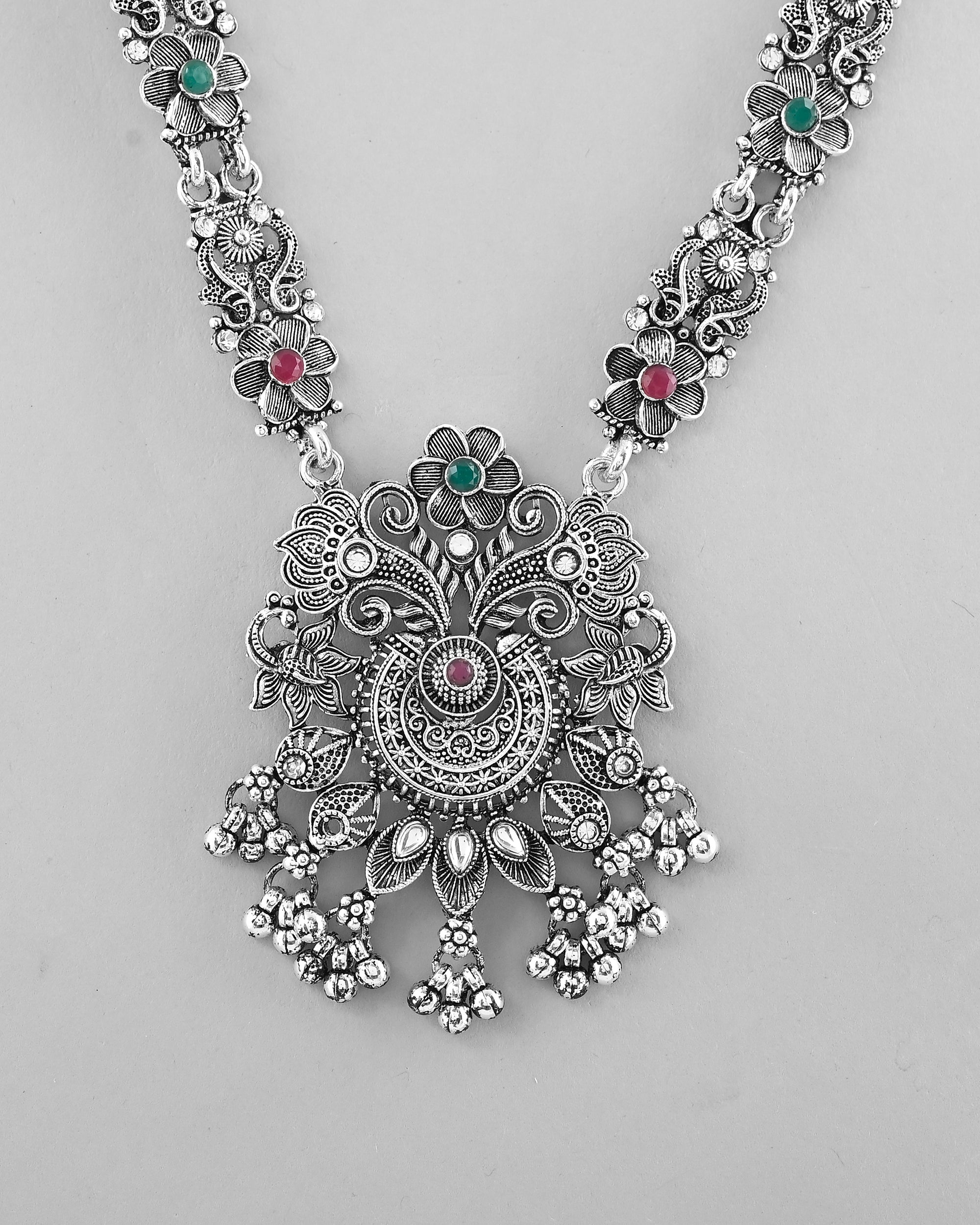 VOJ Silver Plated Stone Studded Oxidized Long Necklace And Earrings - Distacart