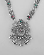 Thumbnail for VOJ Silver Plated Stone Studded Oxidized Long Necklace And Earrings - Distacart