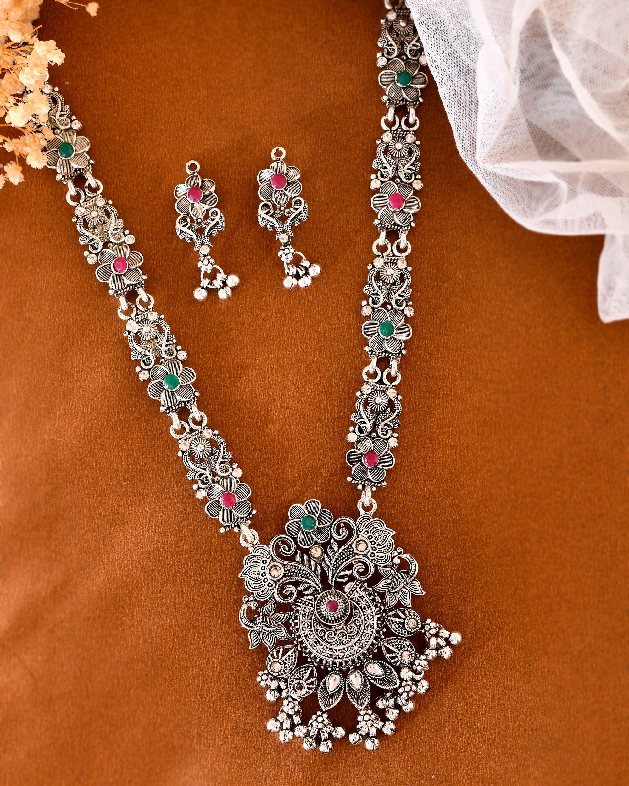 VOJ Silver Plated Stone Studded Oxidized Long Necklace And Earrings - Distacart