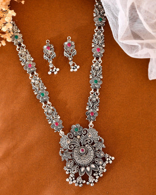 VOJ Silver Plated Stone Studded Oxidized Long Necklace And Earrings - Distacart