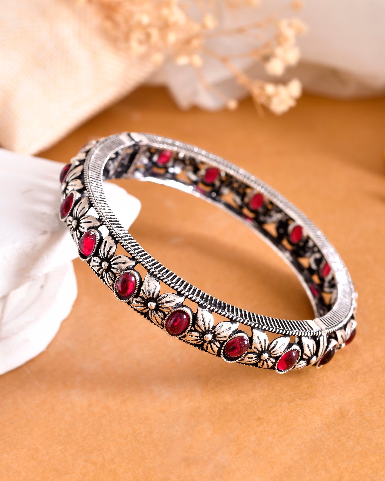 Buy VOJ Rhodium Plated Red Stone Studded Kada Bracelet Online at