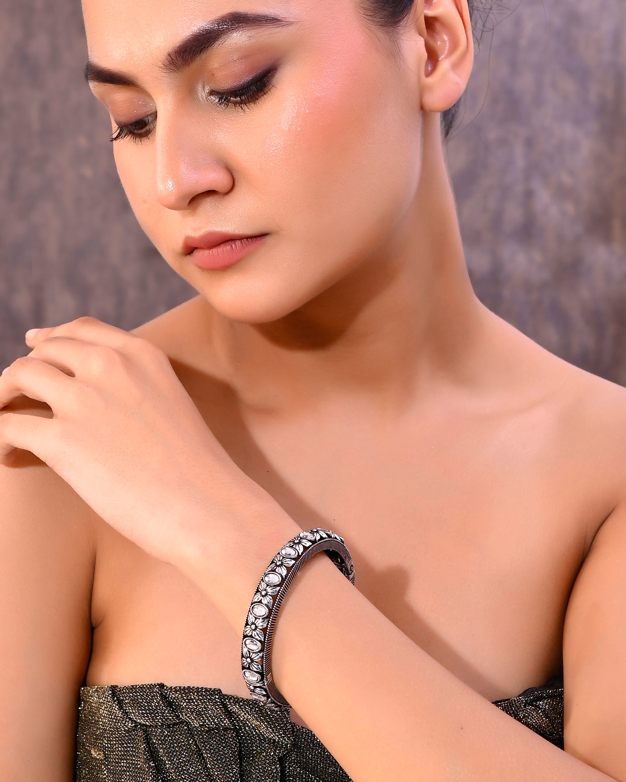 VOJ Rhodium Plated White Stone Studded Kada Bracelet - Distacart