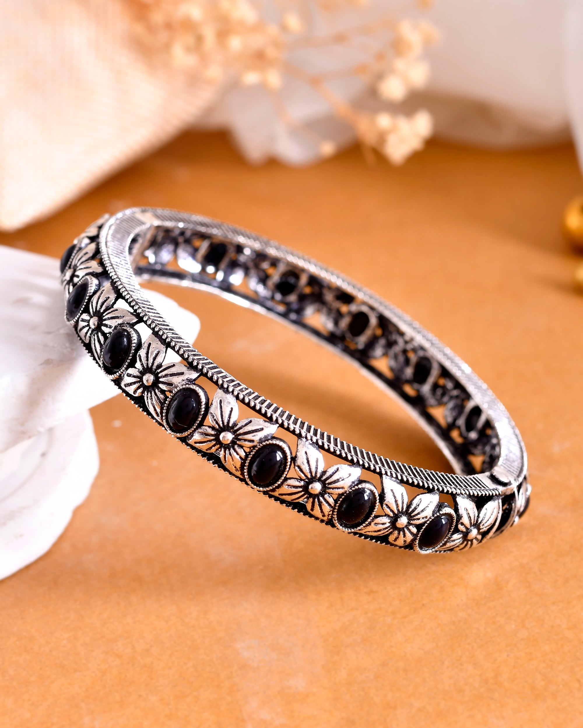 VOJ Rhodium Plated Black Stone Studded Kada Bracelet - Distacart