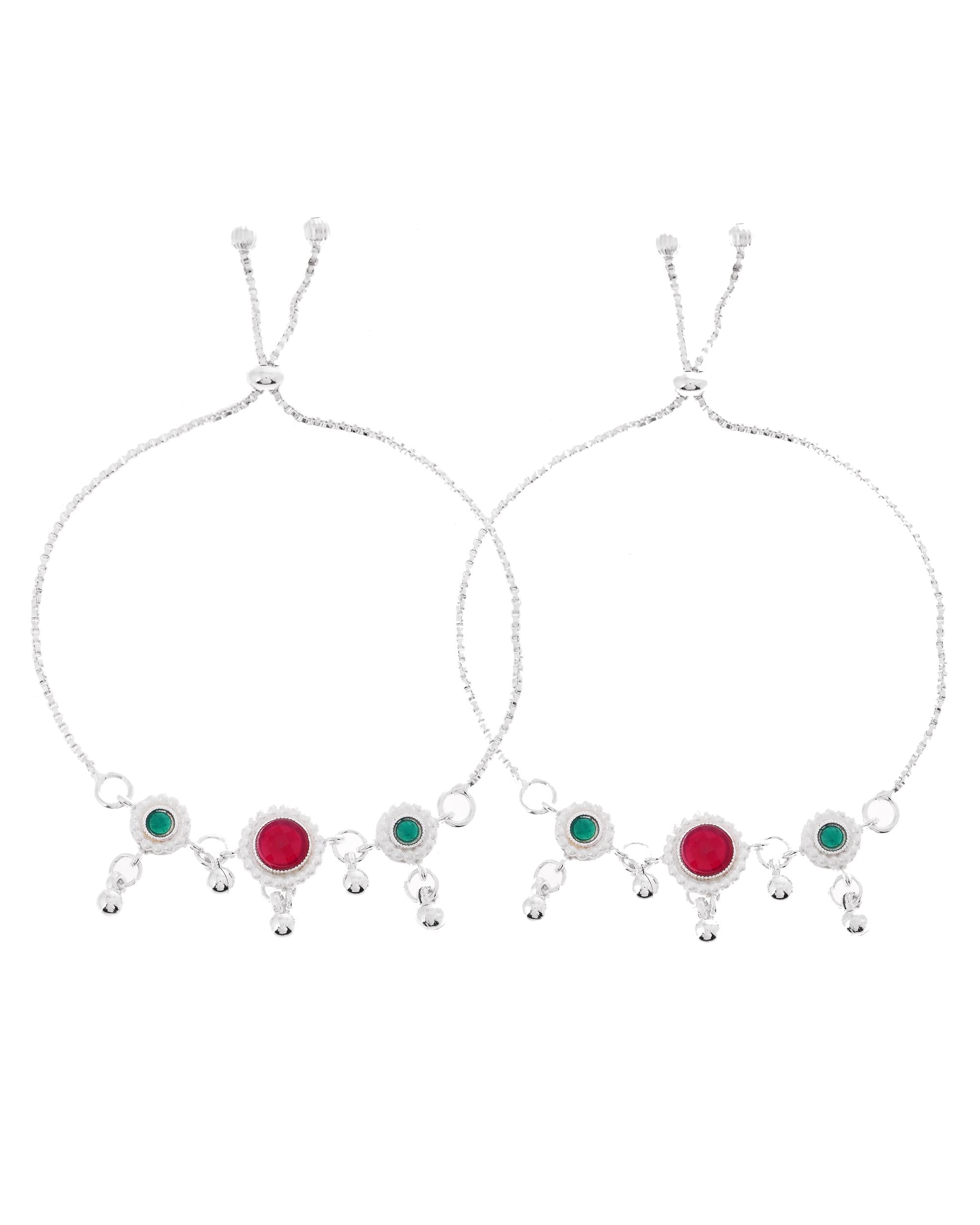 VOJ Set of 2 Silver-Plated Artificial Stones And Beads Anklet - Distacart