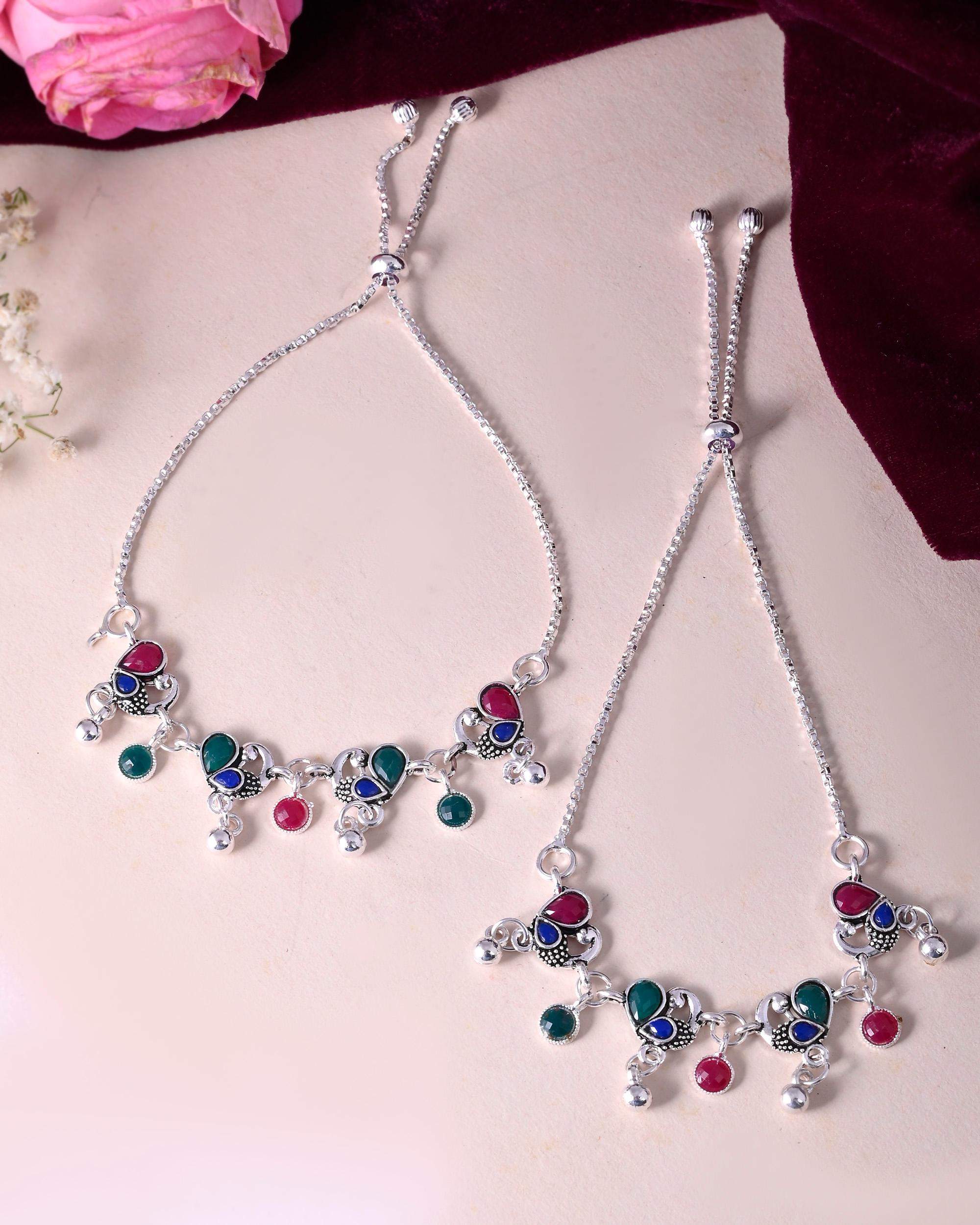 VOJ Set of 2 Silver-Plated Peacock Shaped Artificial Stones Anklet - Distacart