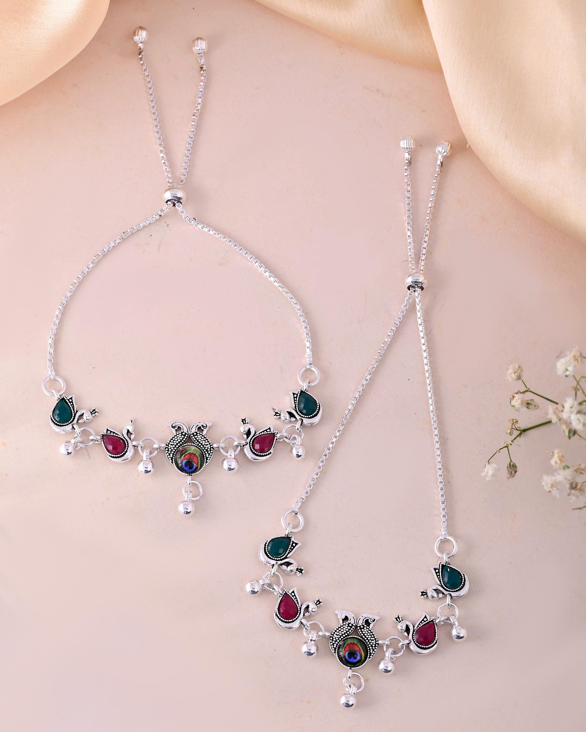VOJ Set of 2 Silver-Plated Peacock Shaped Stone Studded Anklets - Distacart
