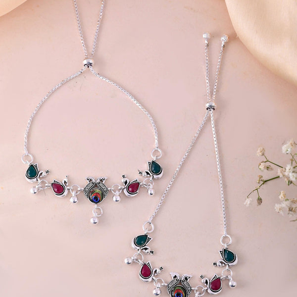 VOJ Set of 2 Silver-Plated Peacock Shaped Stone Studded Anklets - Distacart