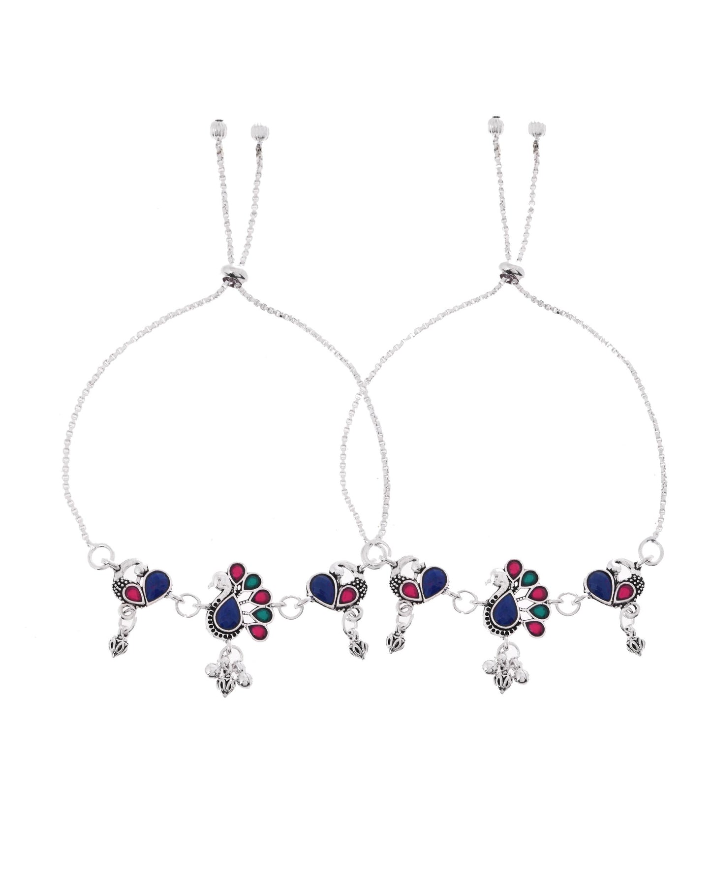 VOJ Set of 2 Silver-Plated Peacock Shaped Stone Studded Anklet - Distacart