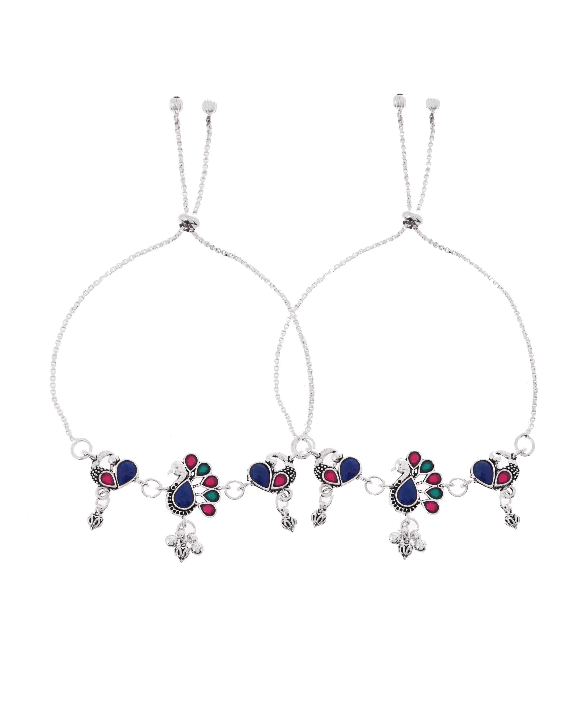 VOJ Set of 2 Silver-Plated Peacock Shaped Stone Studded Anklet - Distacart