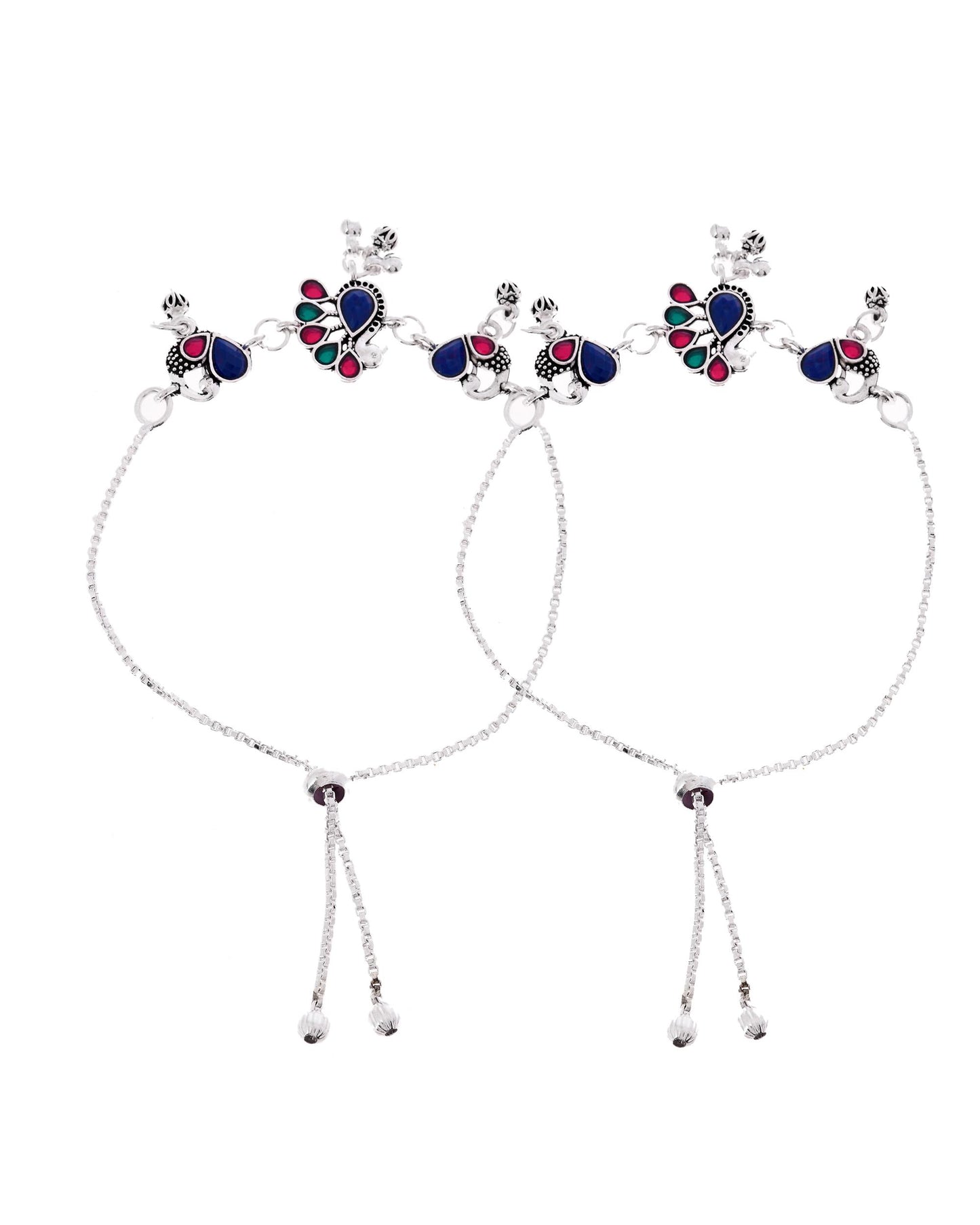 VOJ Set of 2 Silver-Plated Peacock Shaped Stone Studded Anklet - Distacart