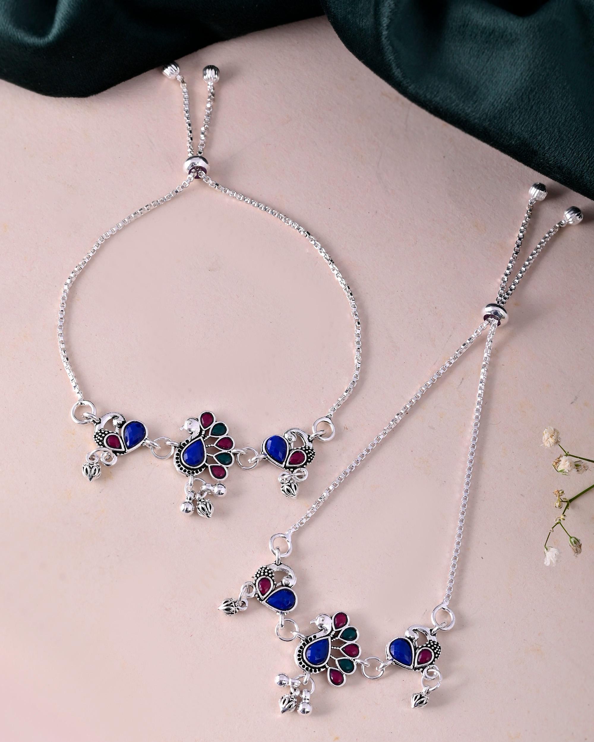 VOJ Set of 2 Silver-Plated Peacock Shaped Stone Studded Anklet - Distacart